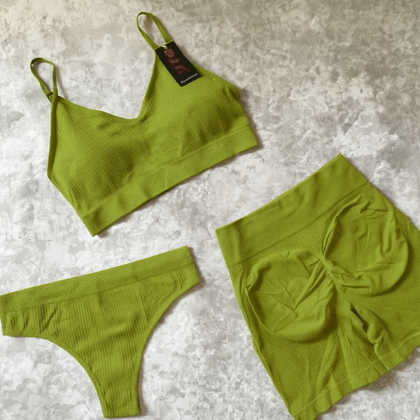 set deportivo 3 piezas – bombacha vedetina, top y short